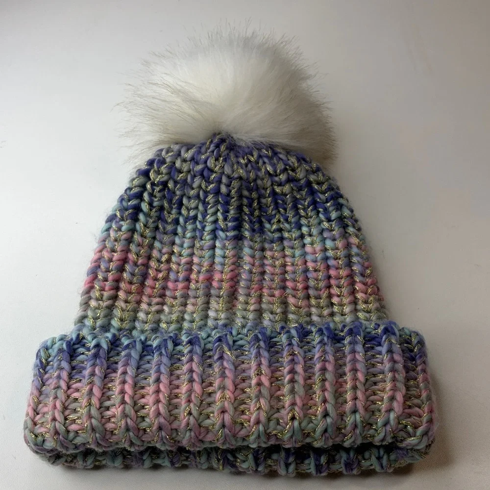 Multicolor Knit Beanie with Pom Pom